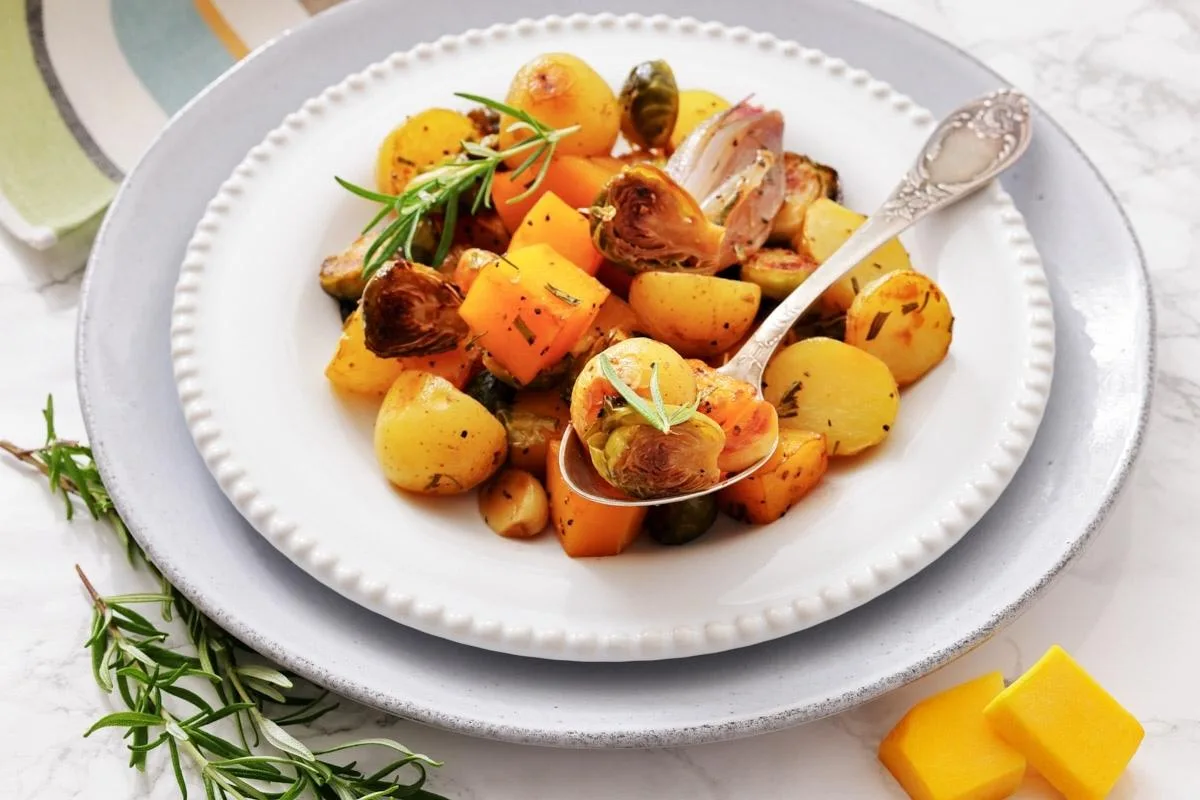 Sheet Pan Roasted Butternut Squash, Brussels Sprouts, & Potatoes