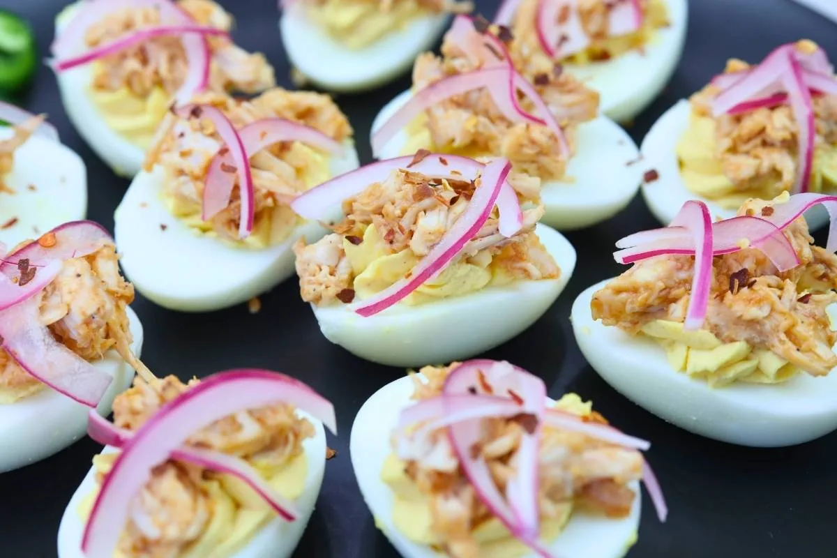 BBQ Chicken Deviled Eggs with Pickled Red Onion