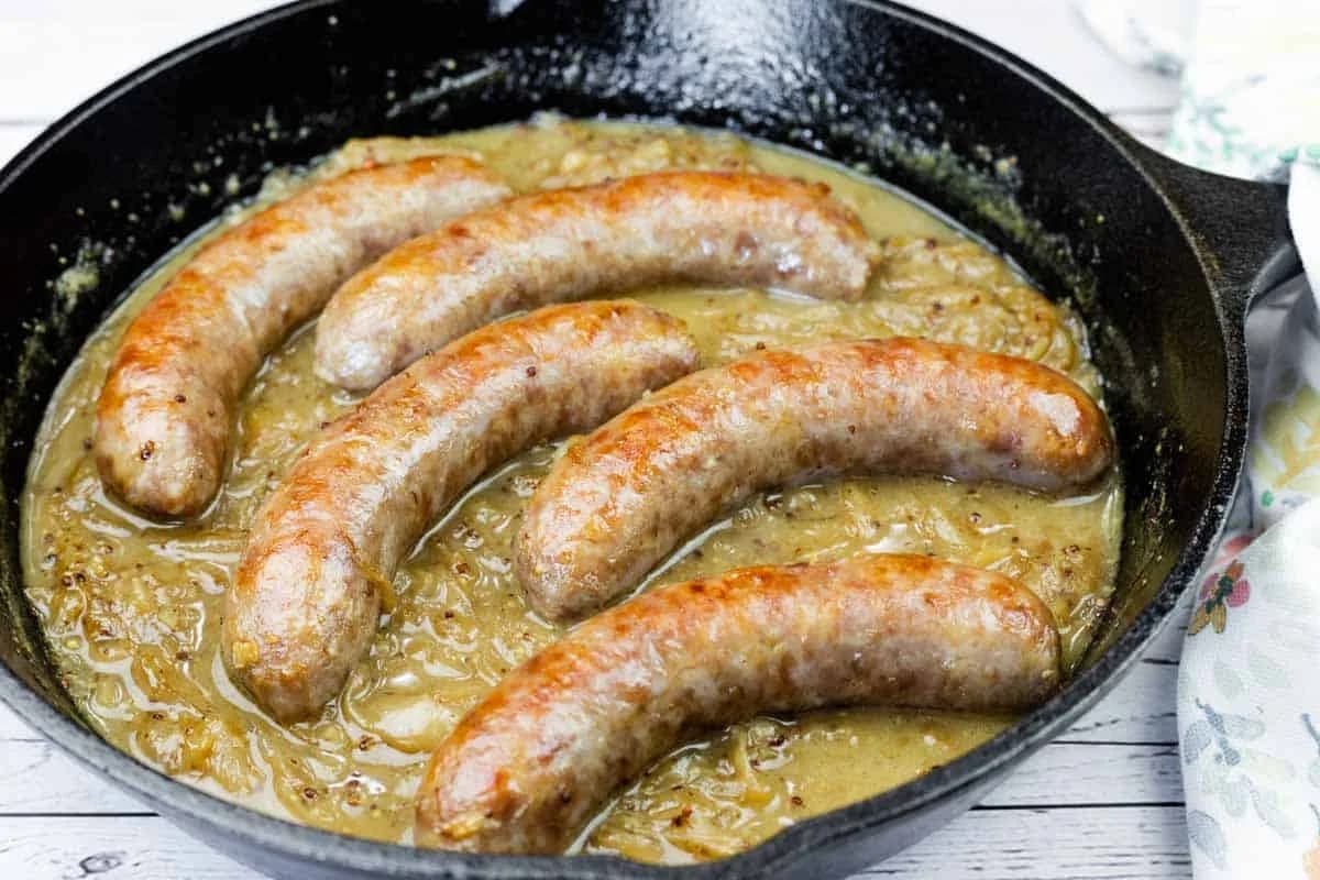 Chef Jenn’s Beer Braised Brats with Caramelized Onions