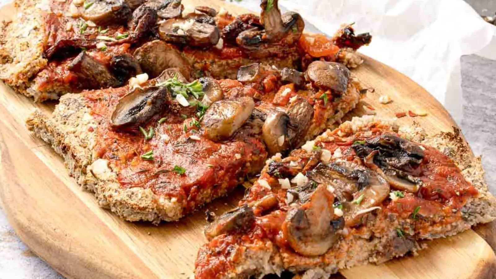 Vegan Cauliflower Pizza Crust with Garlicky Mushroom & Tomato Topping