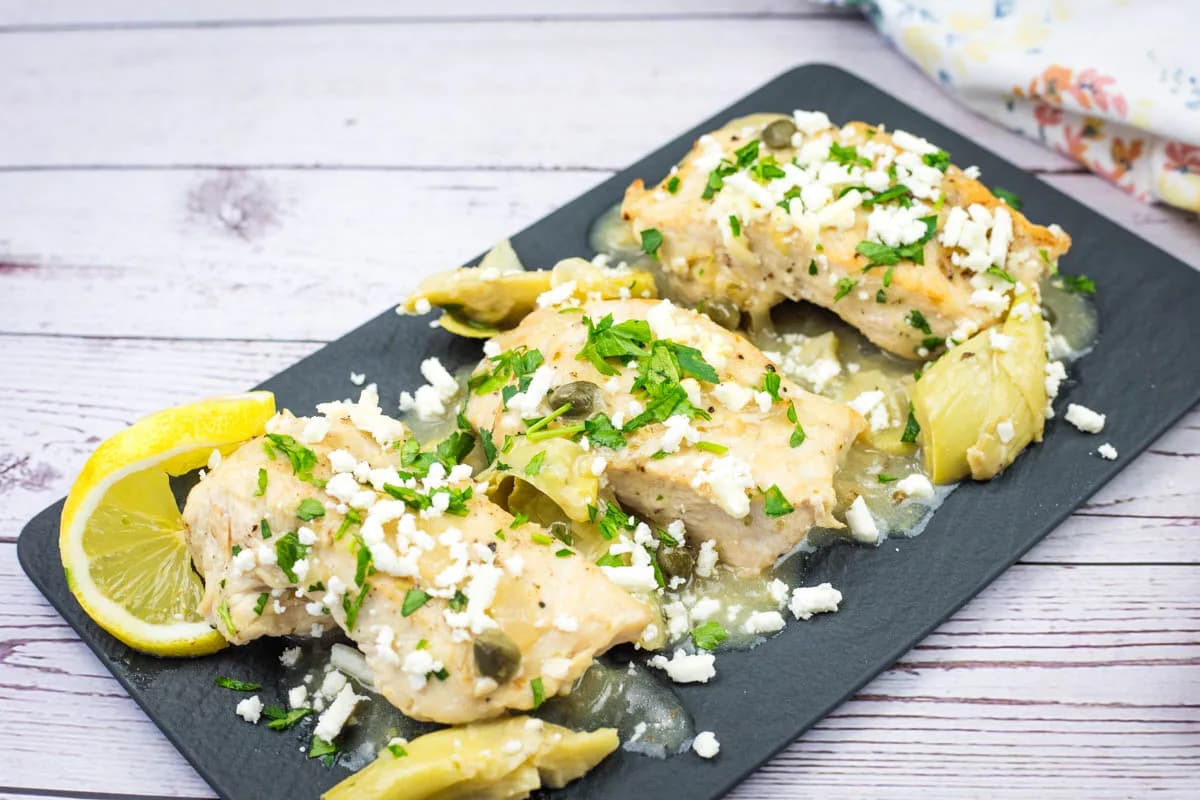 Skillet Chicken with Lemon, Artichokes & Feta