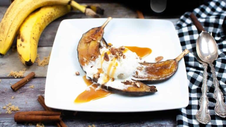 Caramelized bananas with vanilla ice cream and caramel sauce.