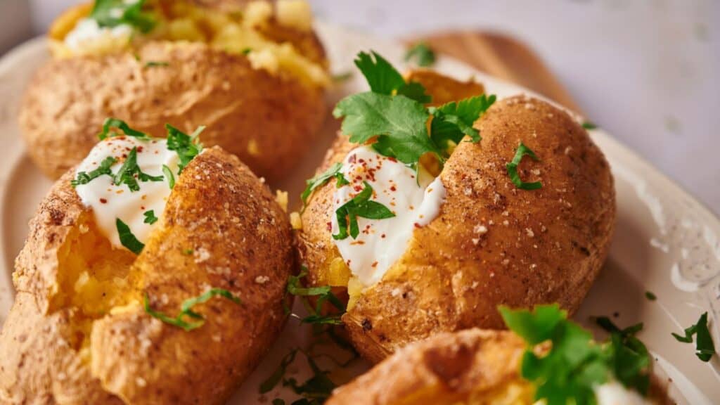 Baked potatoes with sour cream and parsley on a plate.