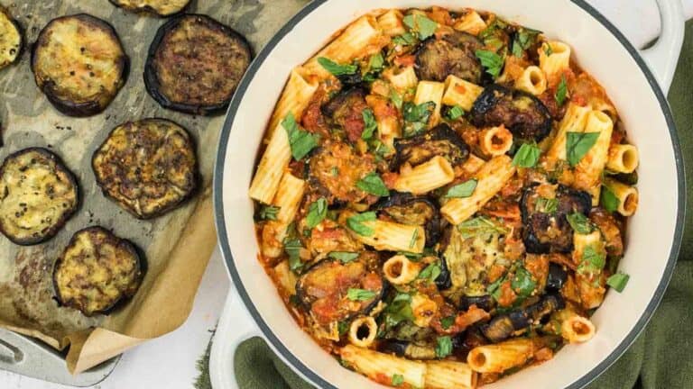 Pasta alla Norma in a Dutch oven.