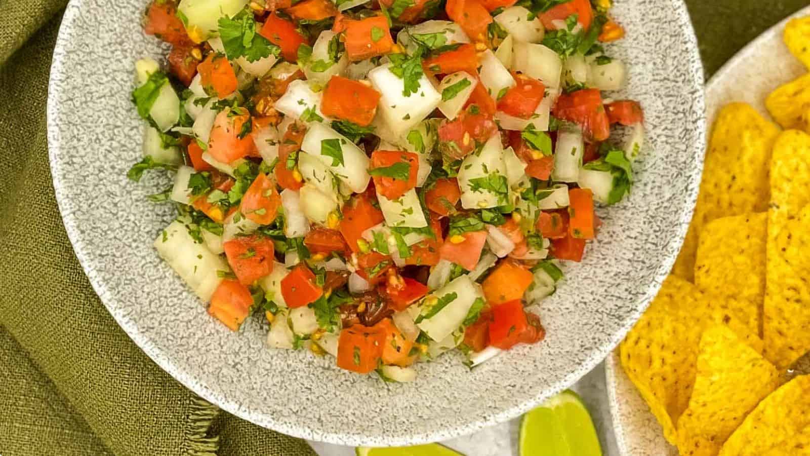 Mexican vegetable salsa with tortilla chips, an international recipe.