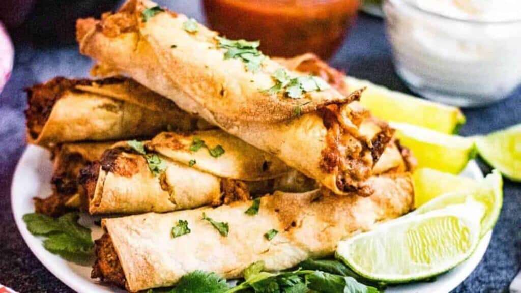 Taquitos on a plate with lime wedges.