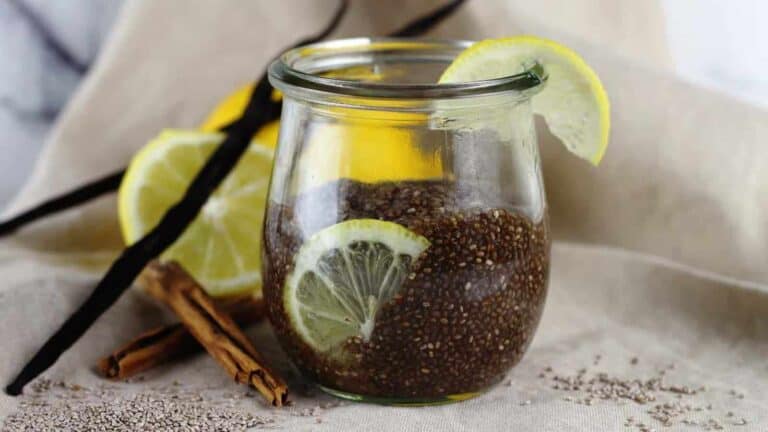 Chia Coconut Pudding with lemon slices and vanilla bean.