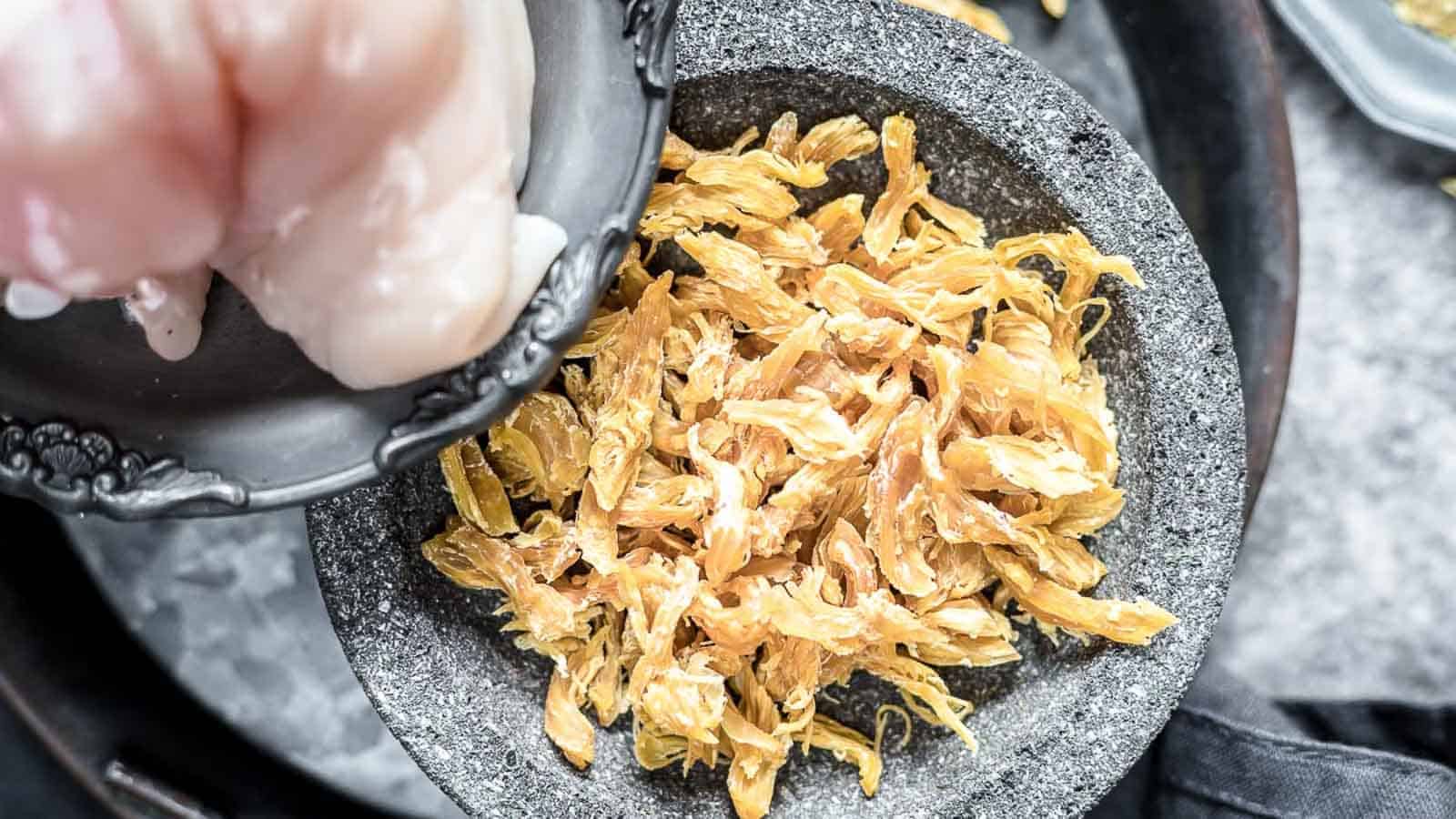 Chicken Chips Jerky in a stone bowl.