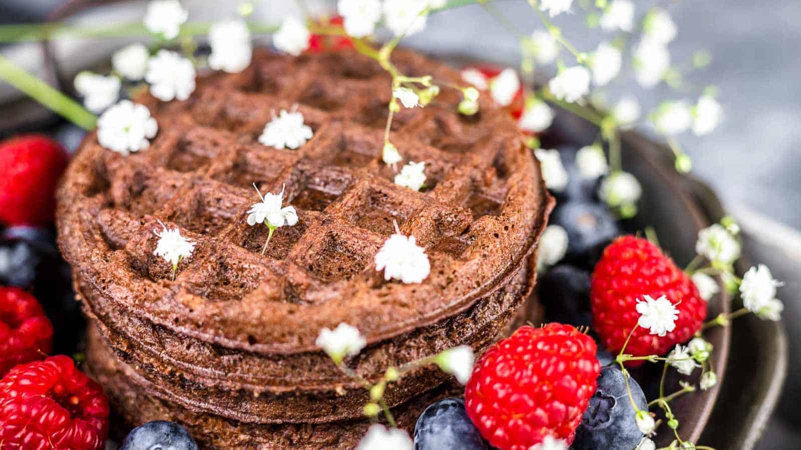 Chocolate Chaffle with white flowers.