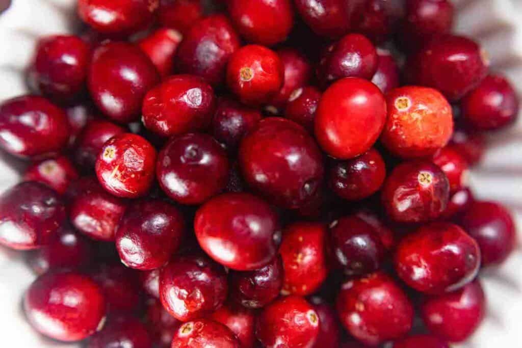 Cranberries in a bowl on a table.