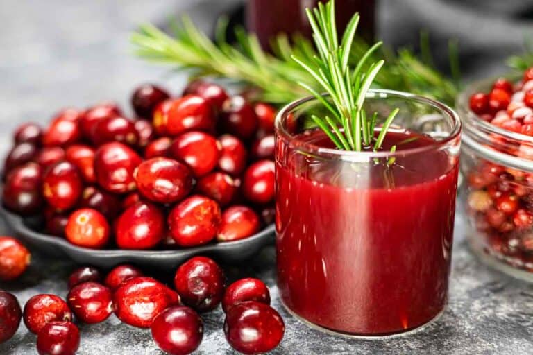Cranberry juice and cranberries in a glass.