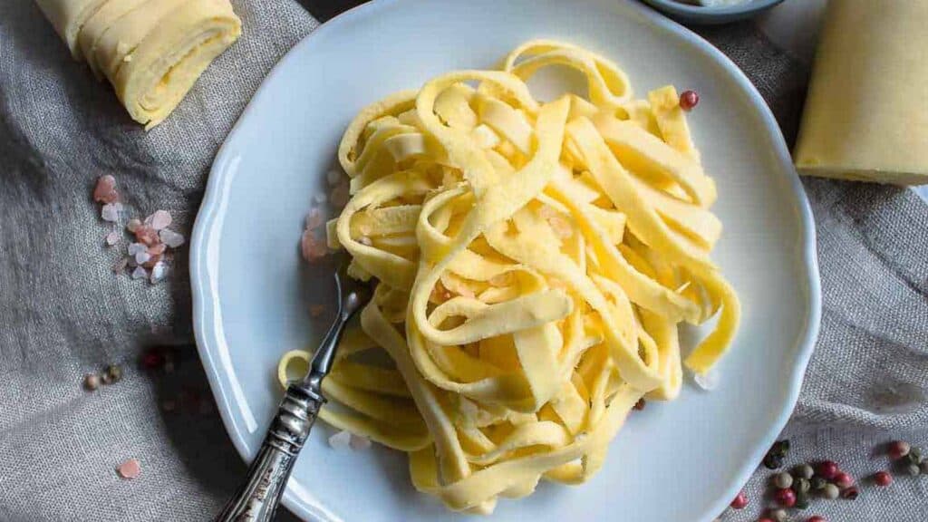 Keto Egg Noodles on a white plate.