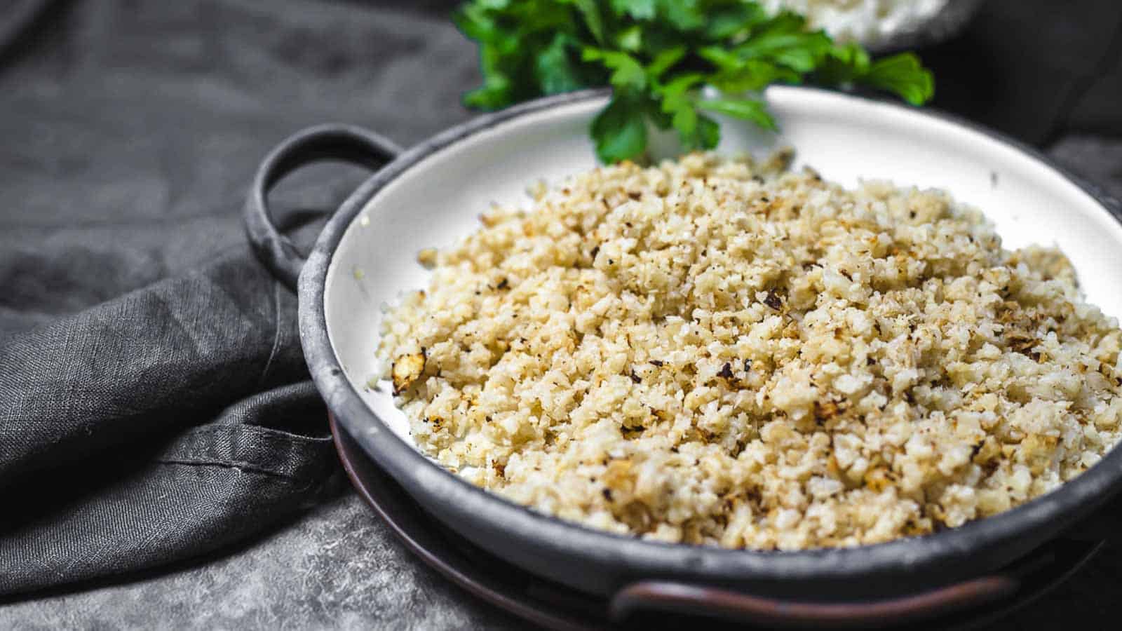 Frozen Cauliflower Rice baked and served on a plate.