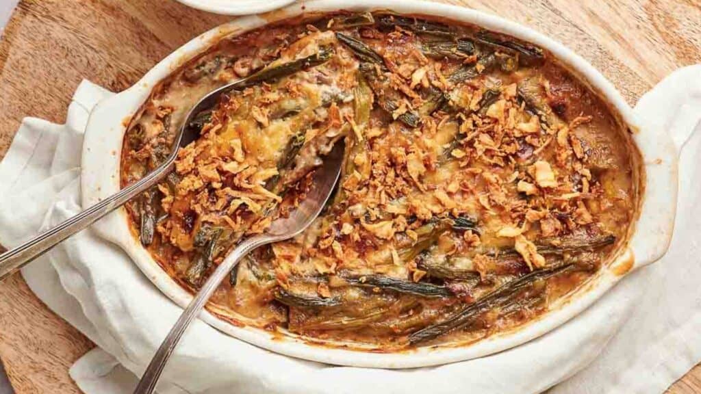 A Green Bean Casserole with a spoon in it.