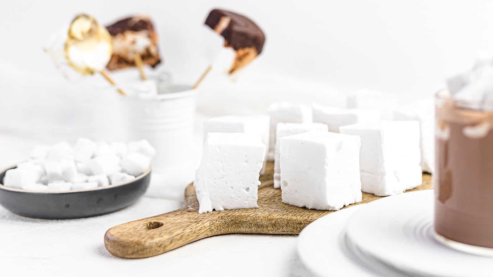 Sugar-Free Keto Marshmallows on a wooden board. 