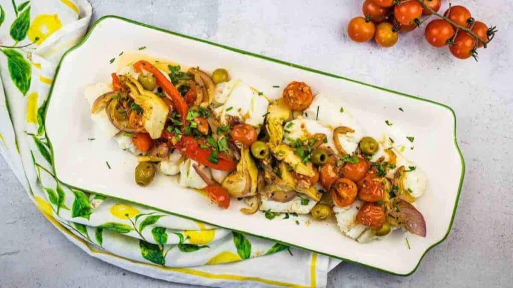 Mediterranean cod on a rectangular platter.