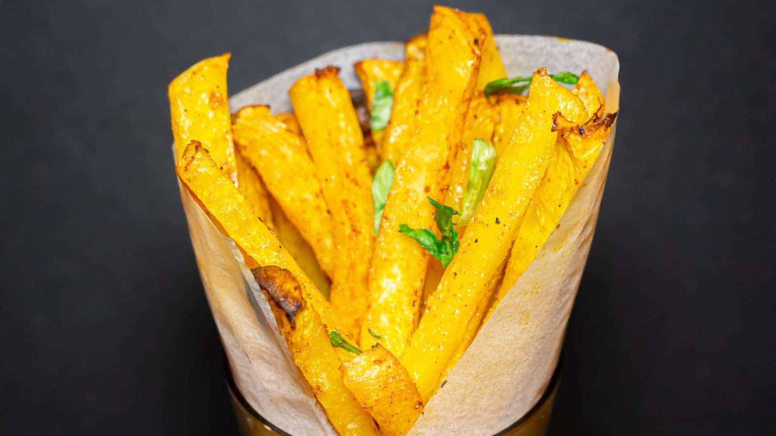 Rutabaga Fries serves in a glass. 