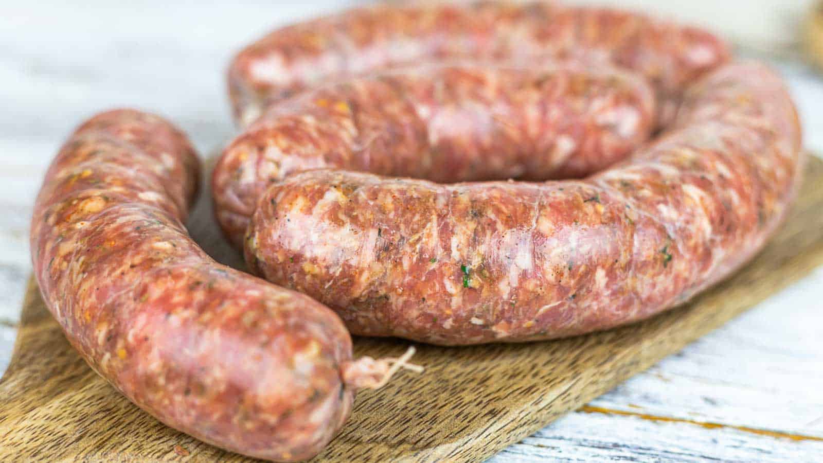 Sausage pieces on a wooden board.