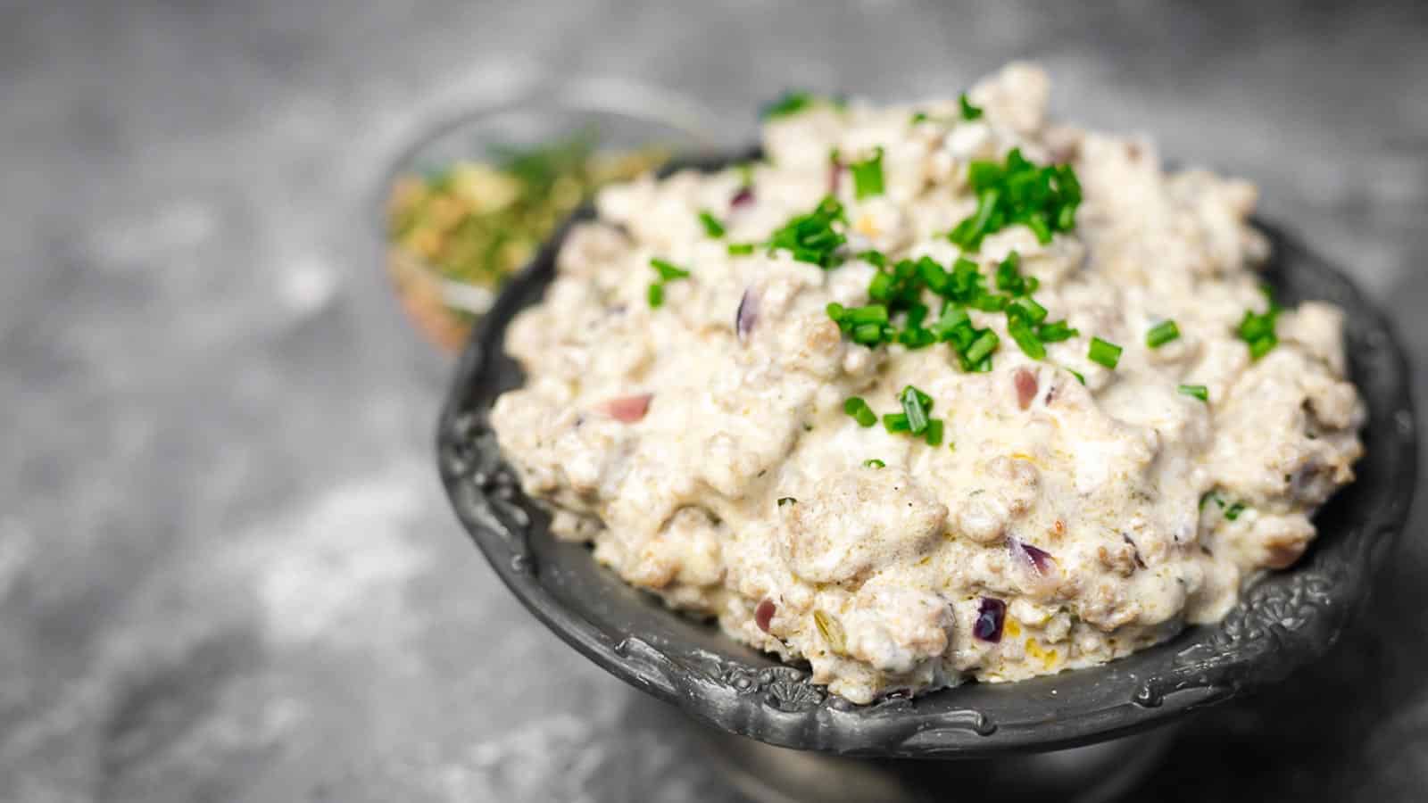 Keto Sausage Gravy inside metal bowl. 