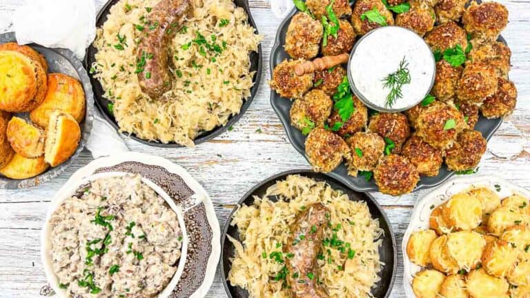 Table filled with sausage dishes.