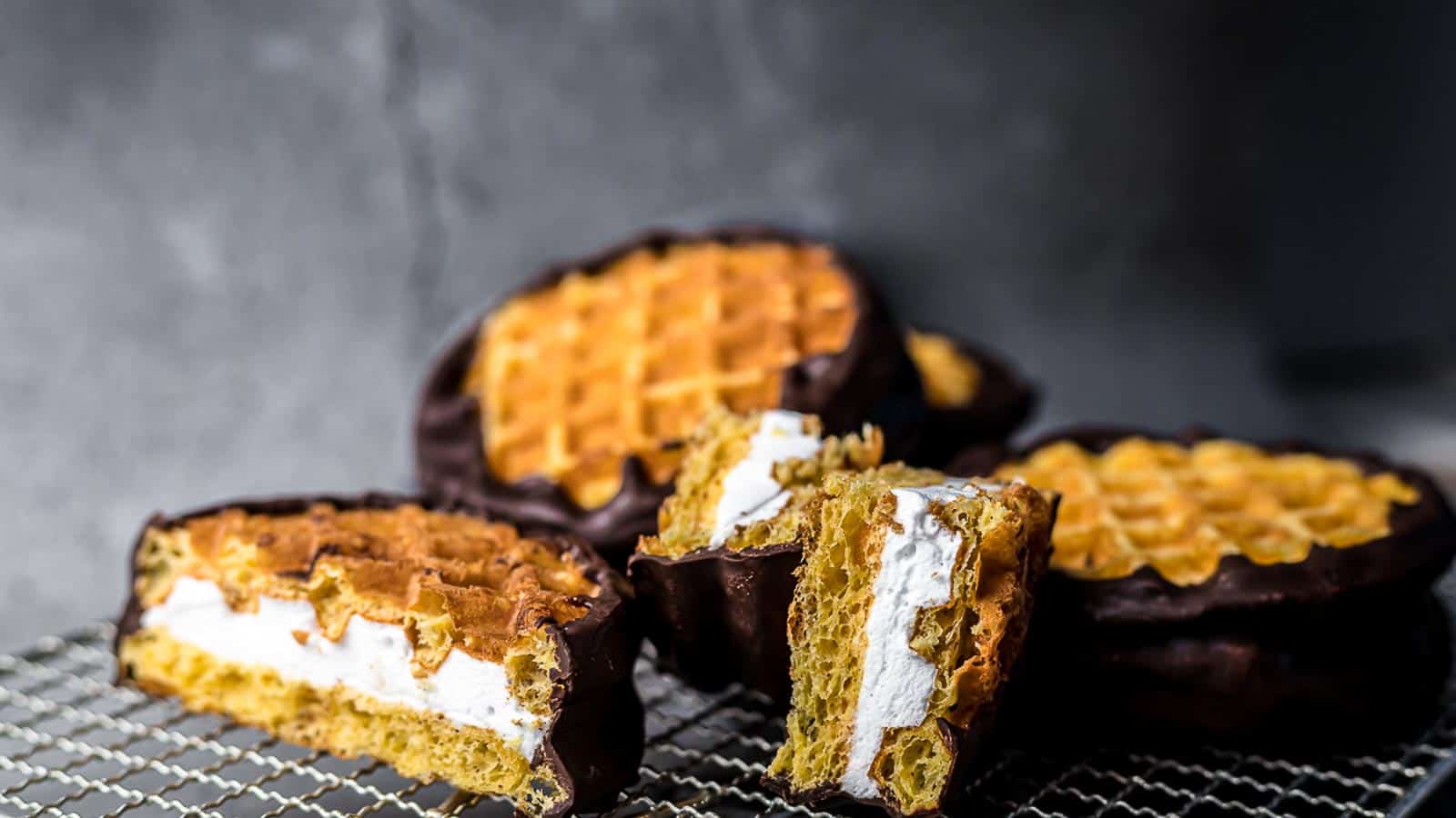 Sugar-Free and Keto Smores Chaffle on a cooling rack. 