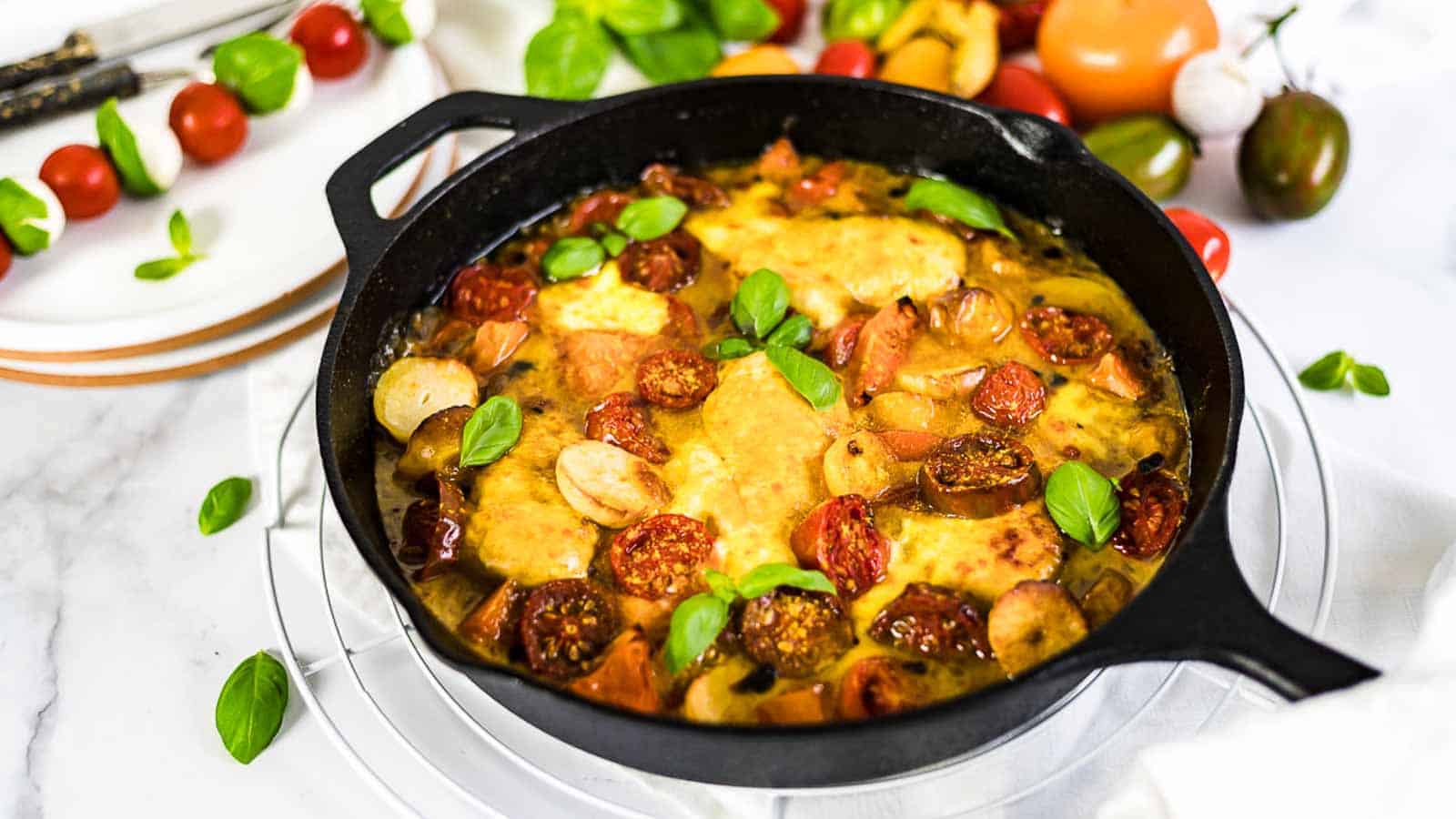 Tomato Mozzarella Baked Chicken inside cast iron. 