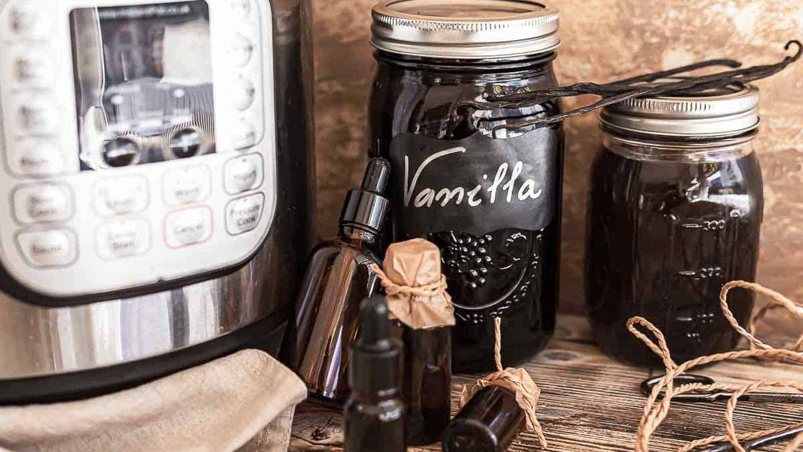 Homemade Vanilla Extract inside dark brown bottles.