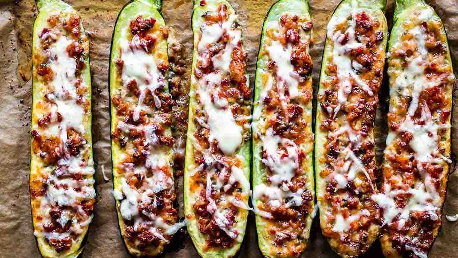 Stuffed zucchinis on a baking paper. 