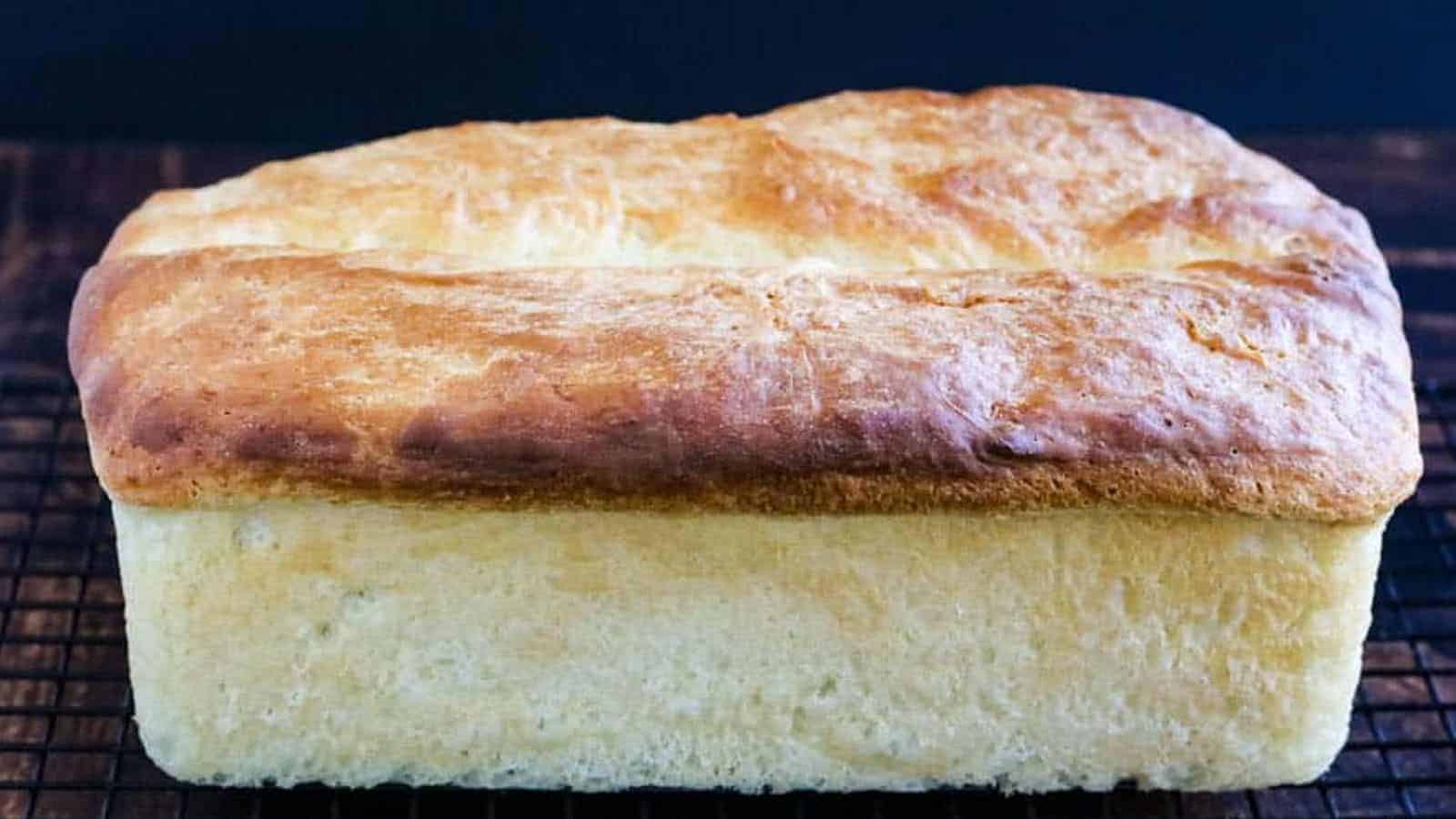 Low angle shot of a loaf of buttermilk bread.
