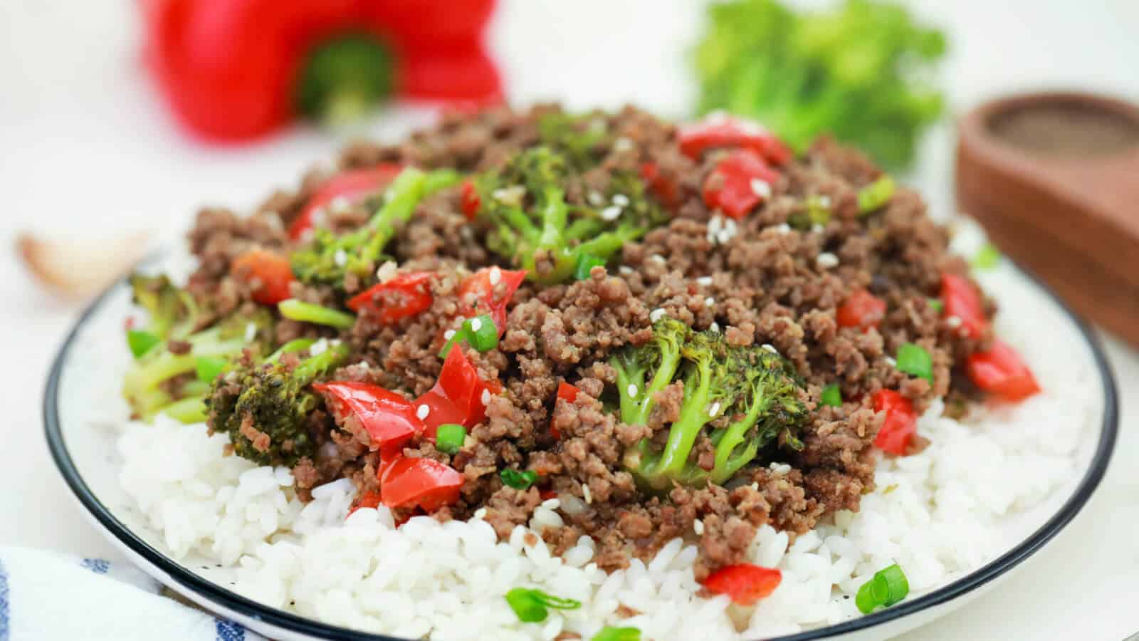 Korean beef and broccoli with rice in a bowl.
