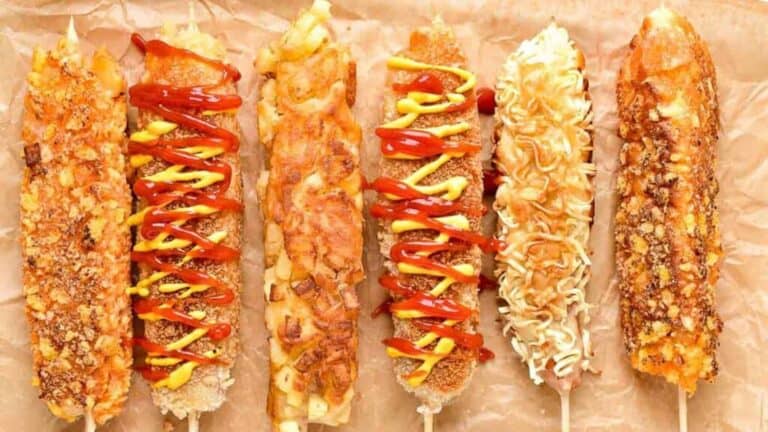 Hot dogs on sticks with ketchup and ketchup.