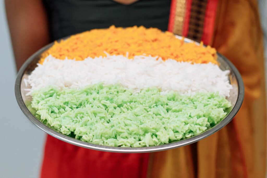 A woman is holding a plate of indian rice.
