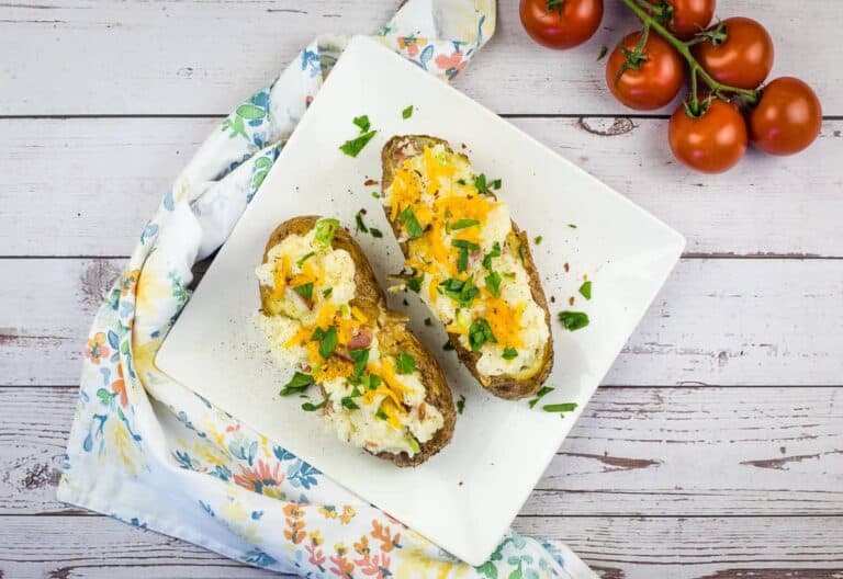 Smoked Double Stuffed Potatoes on a square plate.