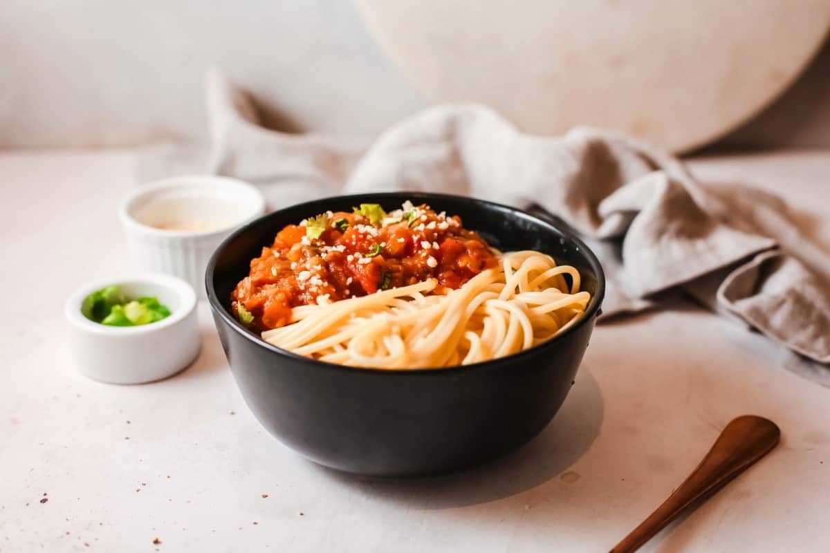 Bowl of spaghetti bolognese made in an Instant Pot.