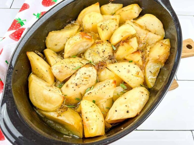 Roasted potatoes in a cast iron skillet.