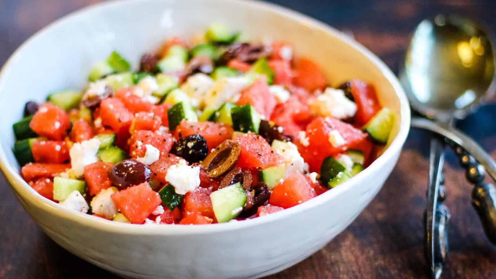 Watermelon Feta Salad with Kalamata Olives is a refreshing summer side dish. With only 5 ingredients, it is quick and easy to make and so refreshing!