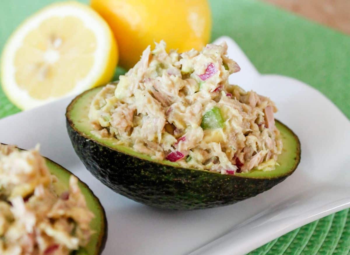 Avocado tuna salad in an avocado shell.