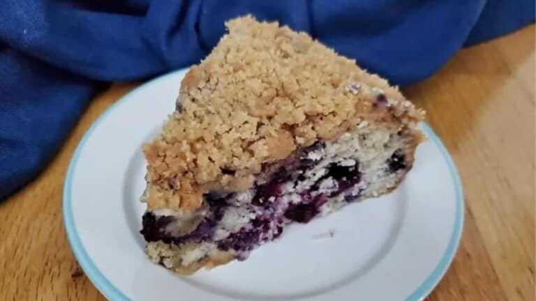 Image shows a slice of Blueberry Streusel Coffeecake on a small plate.