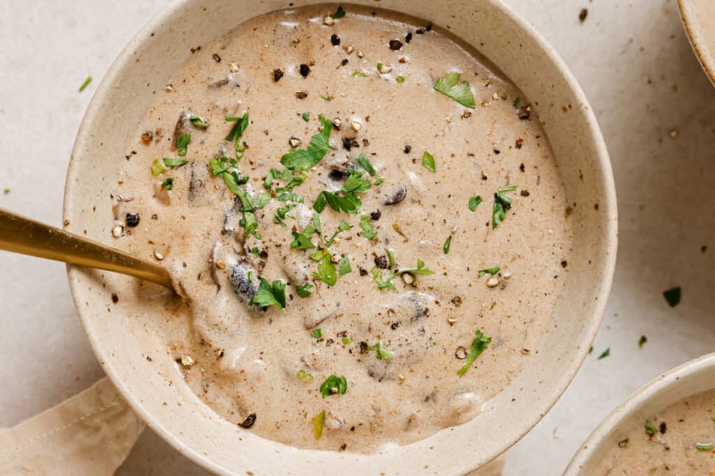 A bowl of Hungarian mushroom soup with a spoon.