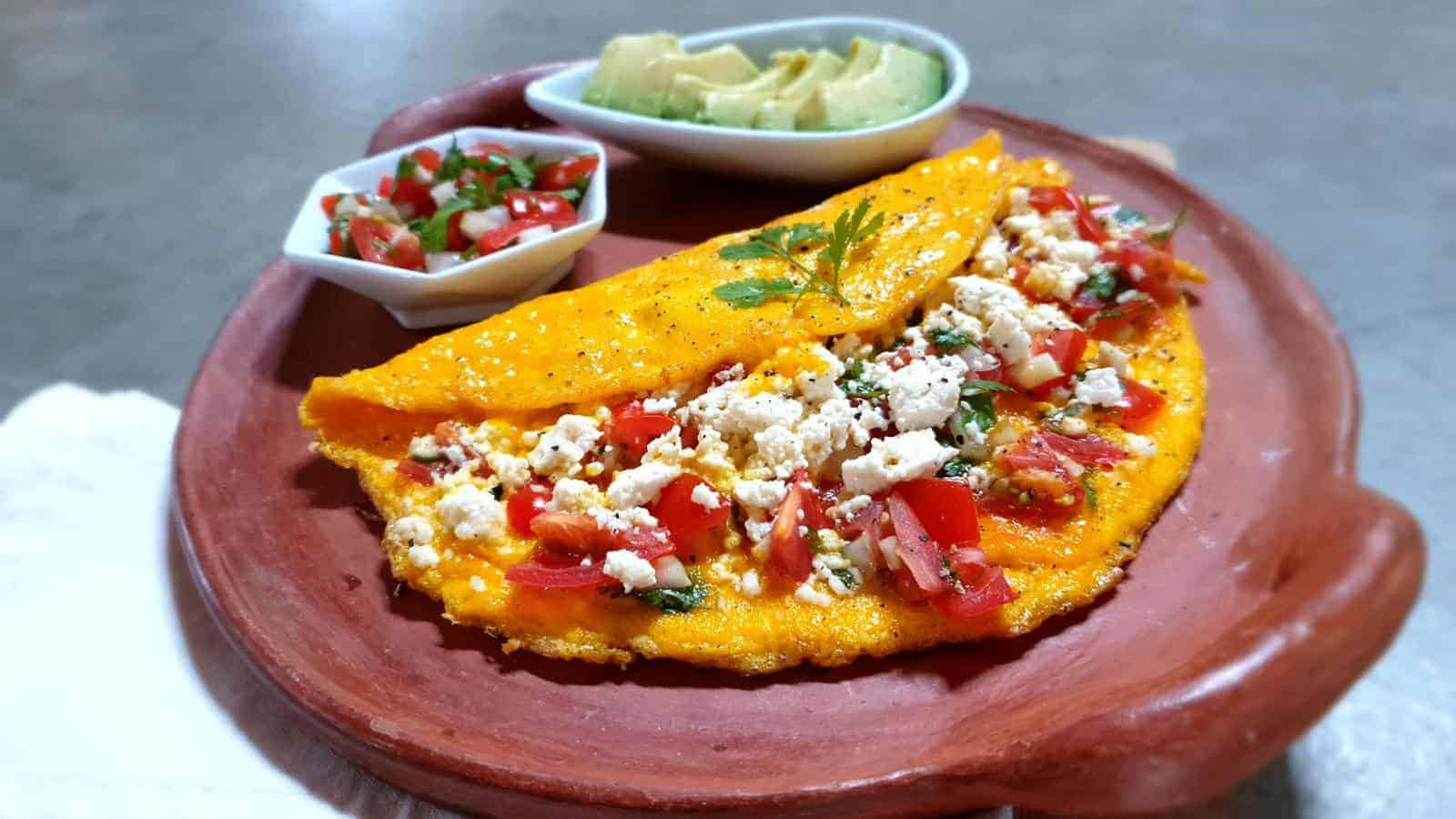 A plate of Mexican omelette with with queso fresco and salsa.