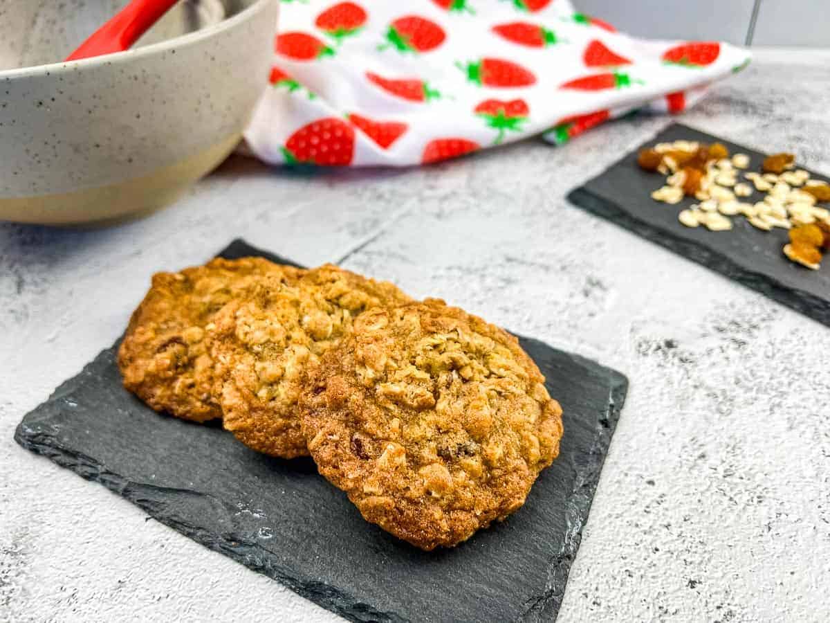 Oatmeal Raisin Cookies on a slate.