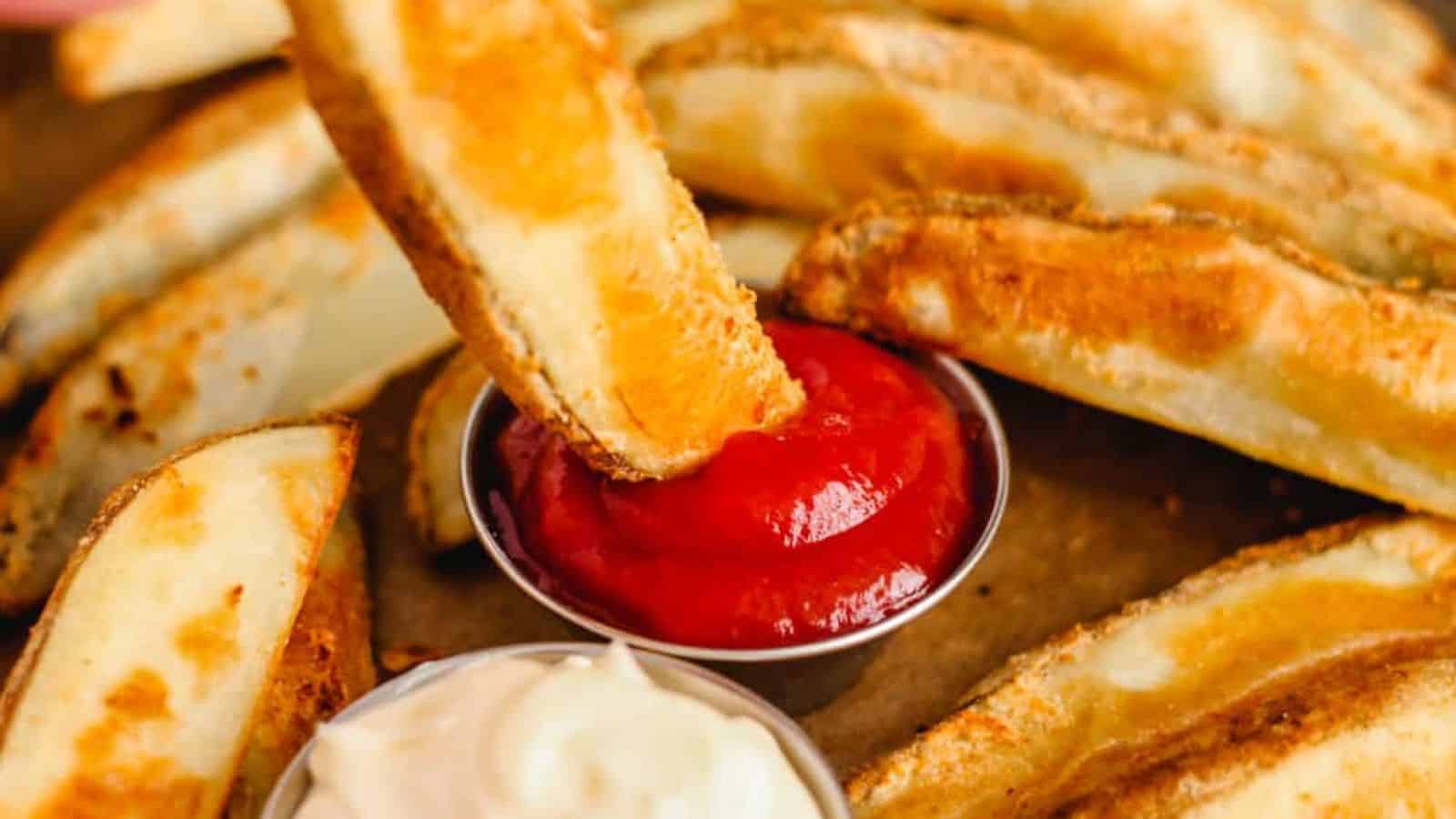 A potato wedge being dipped into ketchup.