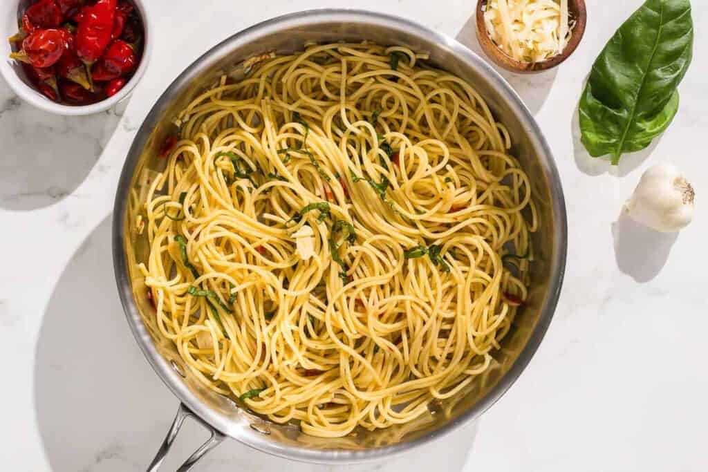 Pasta aglio olio e peperoncino in a pan.