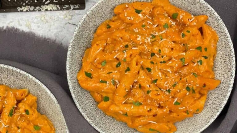 Two bowls of pasta with sauce and parmesan cheese.