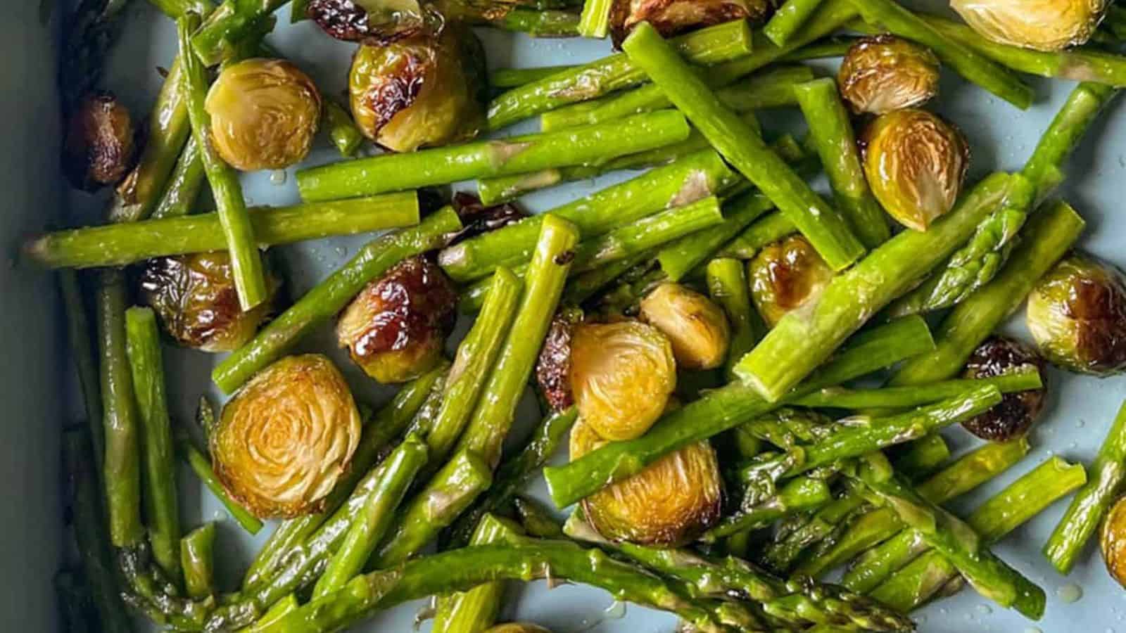 Roasted Brussels Sprouts and Asparagus on a Baking Tray.