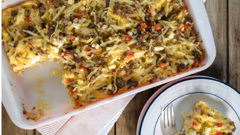 Hashbrown casserole with sausage and eggs.