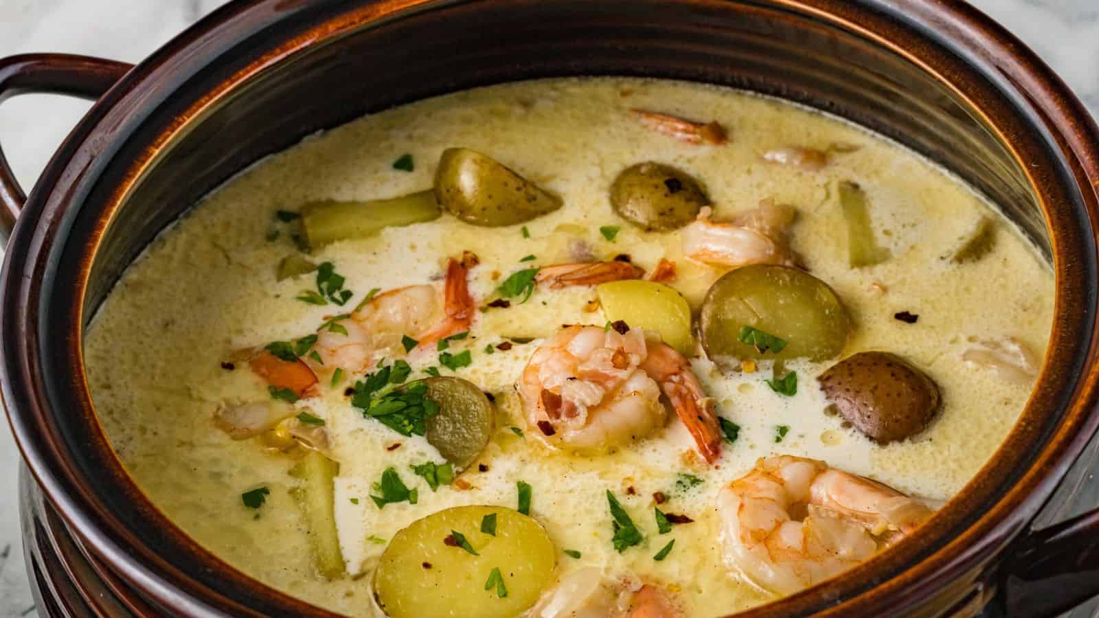 Shrimp and Potato Chowder in a large crock.