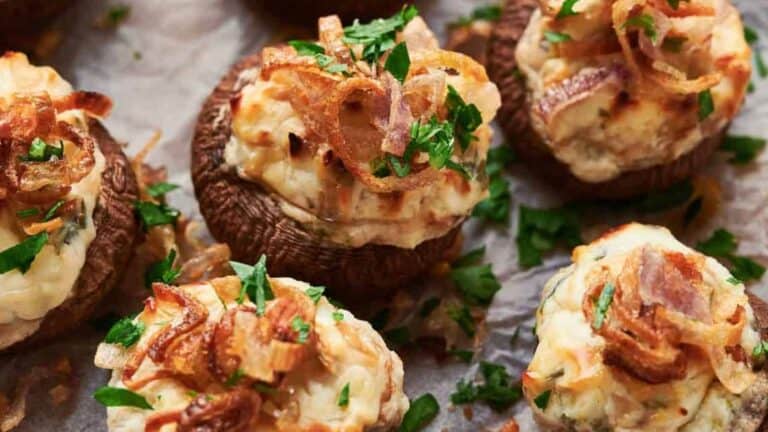 Stuffed mushrooms topped with bacon and parsley.
