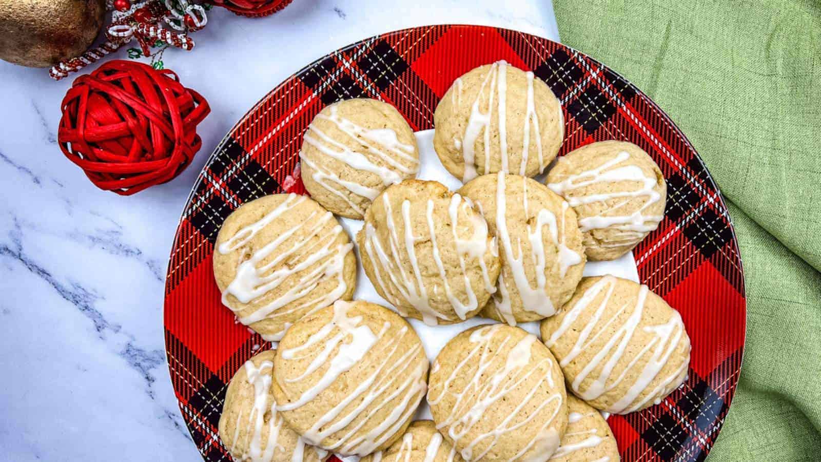 A plate of Eggnog Cookies with Spiced Rum Glaze.