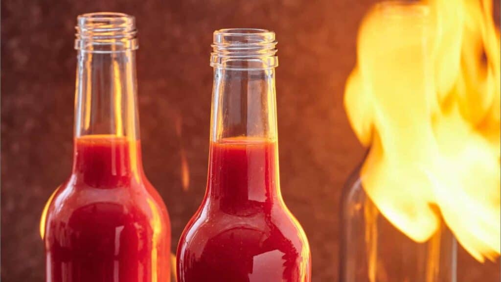 Three bottles of red liquid, resembling flames in front of them, make for fiery and tantalizing edible gifts.